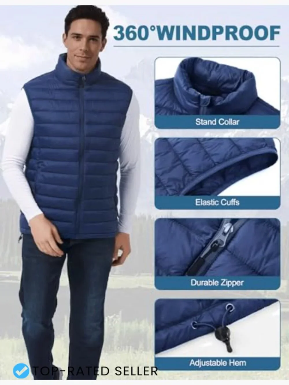 Men's Puffer Vest Quilted Sleeveless Insulated Packable Windproof Outdoor Warm